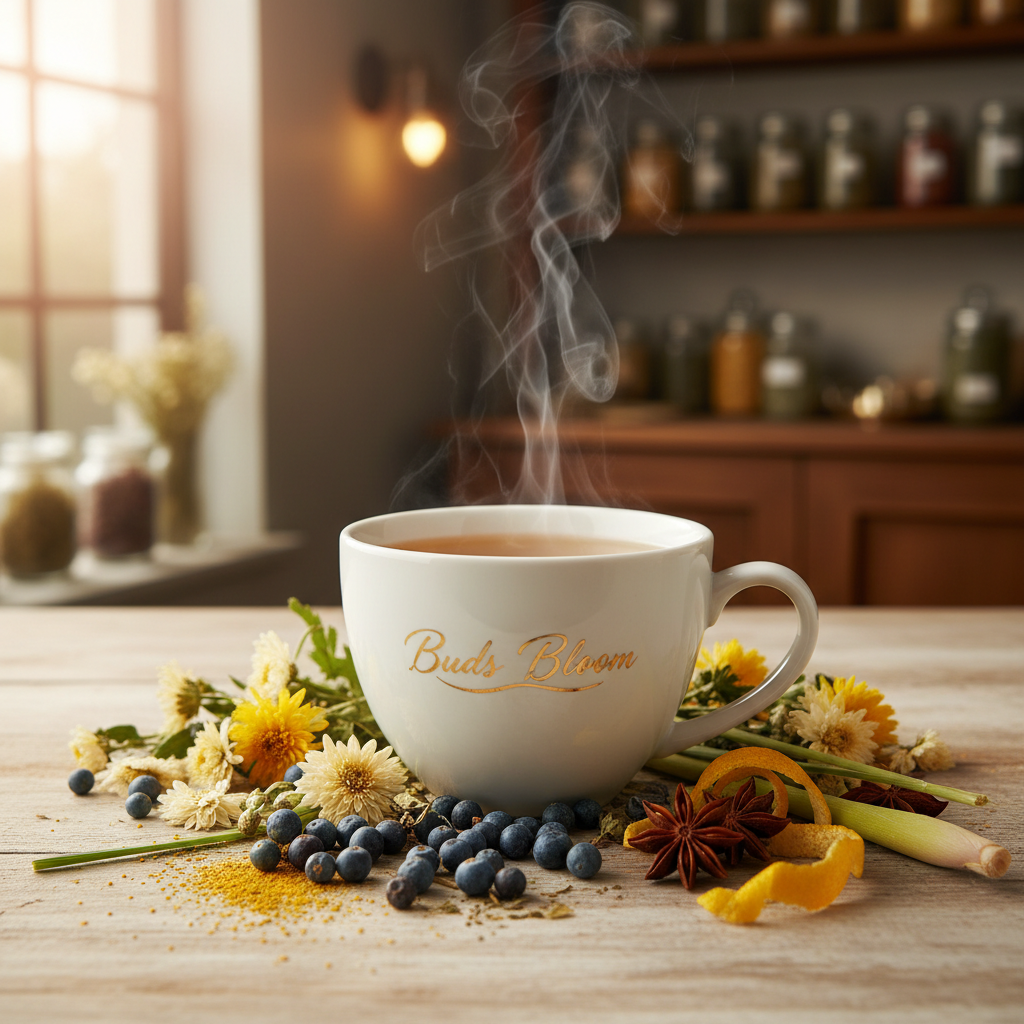 A white ceramic mug with 'Bud's Bloom' printed in gold lettering, filled with steaming tea and surrounded by dried flowers, blueberries, star anise, turmeric, and orange peel on a wooden table in a warm, softly blurred kitchen setting.
