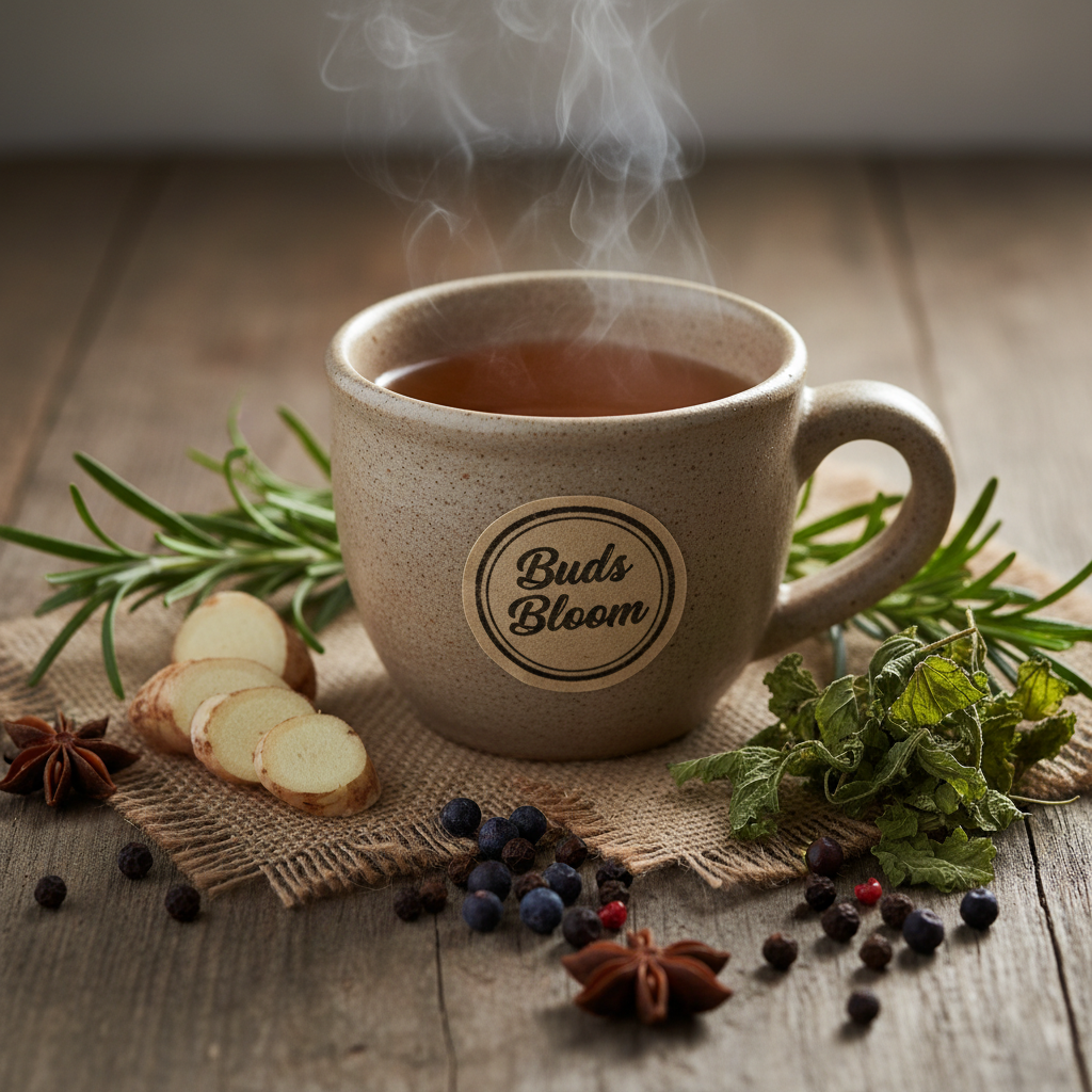 A steaming ceramic mug filled with tea sits on a rustic wooden surface, surrounded by fresh rosemary, sliced ginger, blueberries, star anise, and burlap. The mug has a round label that reads 'Buds Bloom'.