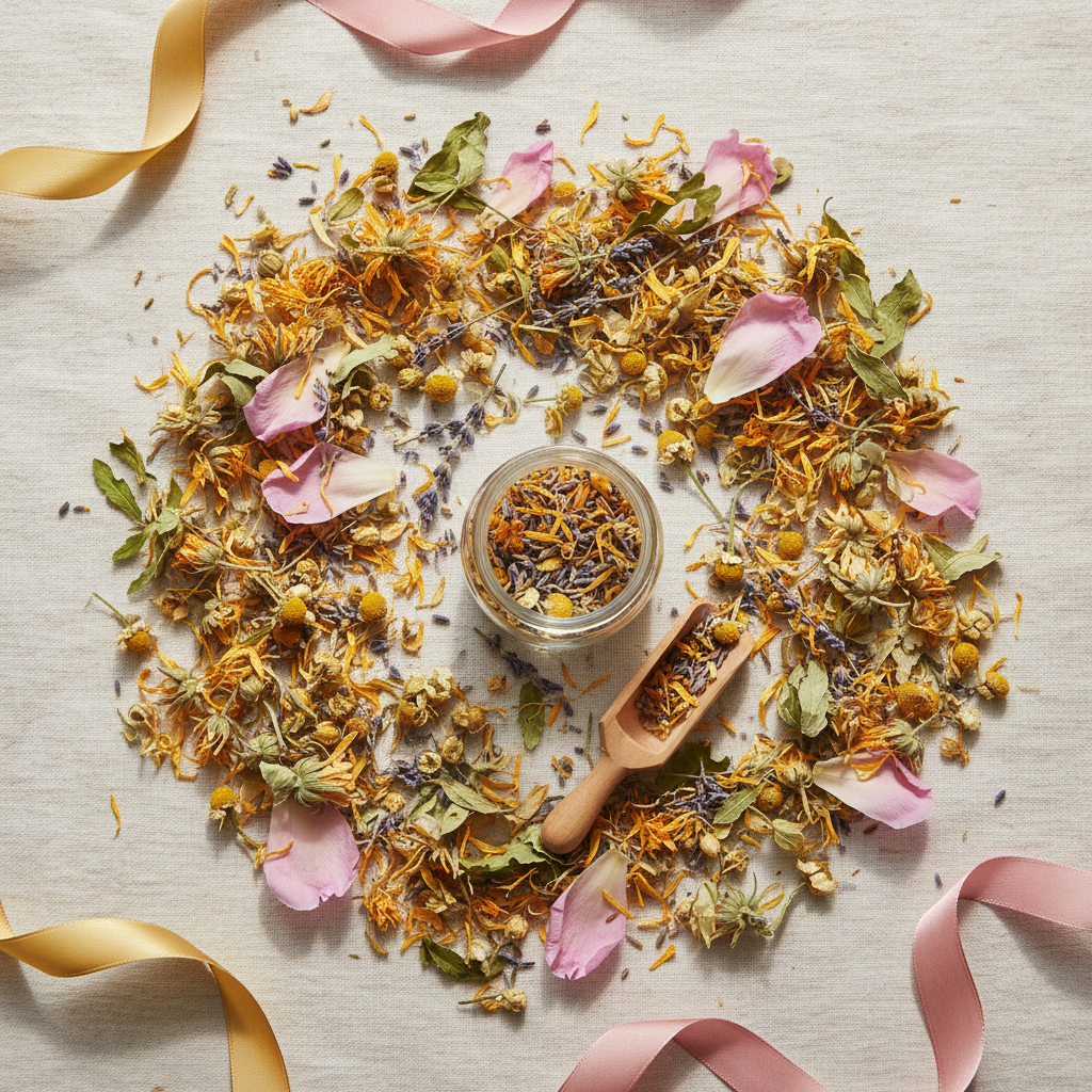 A styled flat-lay of a glass jar filled with loose herbal tea, surrounded by scattered dried flowers, chamomile, pink petals, and a small wooden scoop on a light fabric background with ribbon accents.