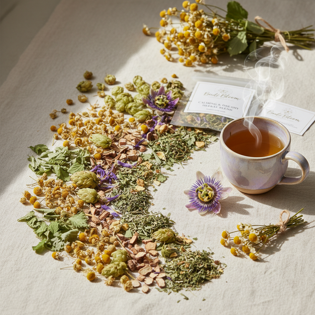 A styled flat-lay of a herbal tea blend arranged in a curved line on a cream fabric background, next to a ceramic cup of steaming tea, dried flowers, and two branded tea bags. The brand name 'Tender Herbs' is visible on the tea bag labels.