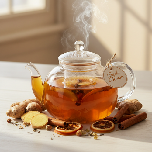 A clear glass teapot filled with amber tea sits on a light tabletop, surrounded by ginger roots, sliced ginger, cinnamon sticks, dried orange slices, and loose botanicals. Steam rises from the teapot, and a hanging tag reads “Buds Bloom.