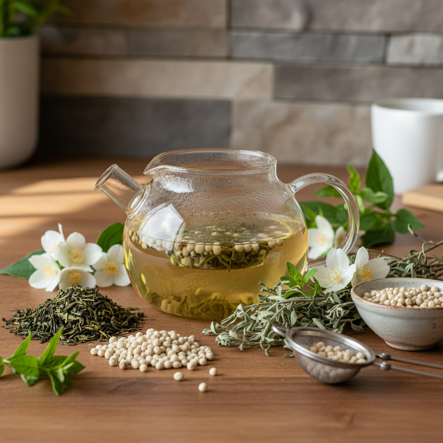 A clear glass teapot filled with brewed tea sits on a wooden table, surrounded by loose green tea leaves, white flowers, herbs, and small bowls of ingredients. The background shows a softly blurred kitchen setting with a tiled wall and a white mug.