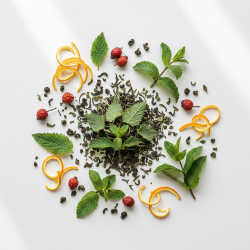A styled overhead flat-lay of loose green tea leaves arranged in a circular pattern on a white surface, surrounded by fresh mint leaves, orange zest curls, and small red berries.