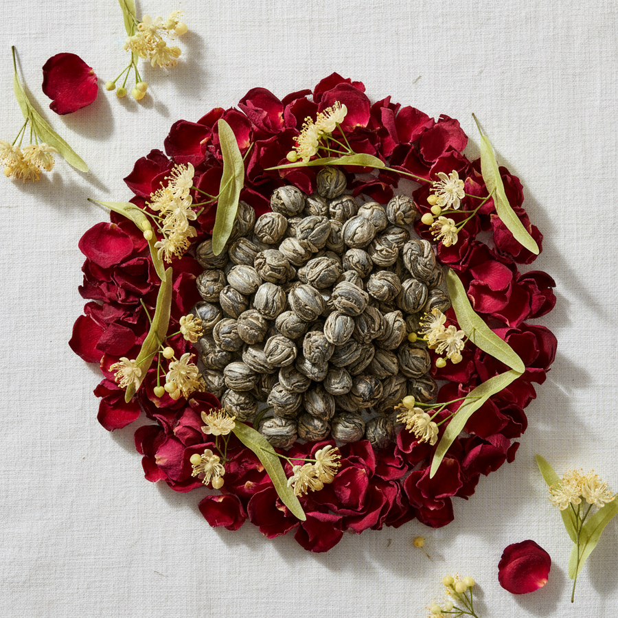 A top-down flat lay of small oval brownish-green seeds arranged in a circle on a white fabric background, surrounded by deep red flower petals and small pale yellow blossoms.