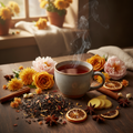 A steaming ceramic mug filled with tea sits on a wooden table surrounded by loose tea leaves, cinnamon sticks, dried orange slices, star anise, ginger, and pink and yellow flowers in a warm, softly lit interior setting.
