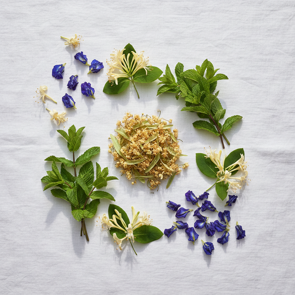 A styled flat-lay of fresh botanical ingredients on a white textured fabric background, featuring mint green leaves, yellow honeysuckle flowers, and deep blue butterfly pea blossoms.