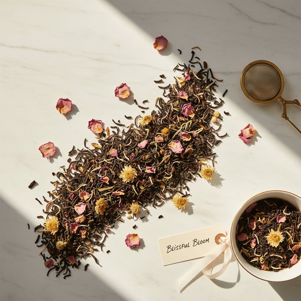 Loose-leaf herbal tea blend labeled 'Blissful Bloom' scattered on a white marble surface, mixed with dried pink rose petals and small yellow flowers. A small bowl of the tea blend, a brass mesh strainer, and a cream ribbon tag are arranged nearby.