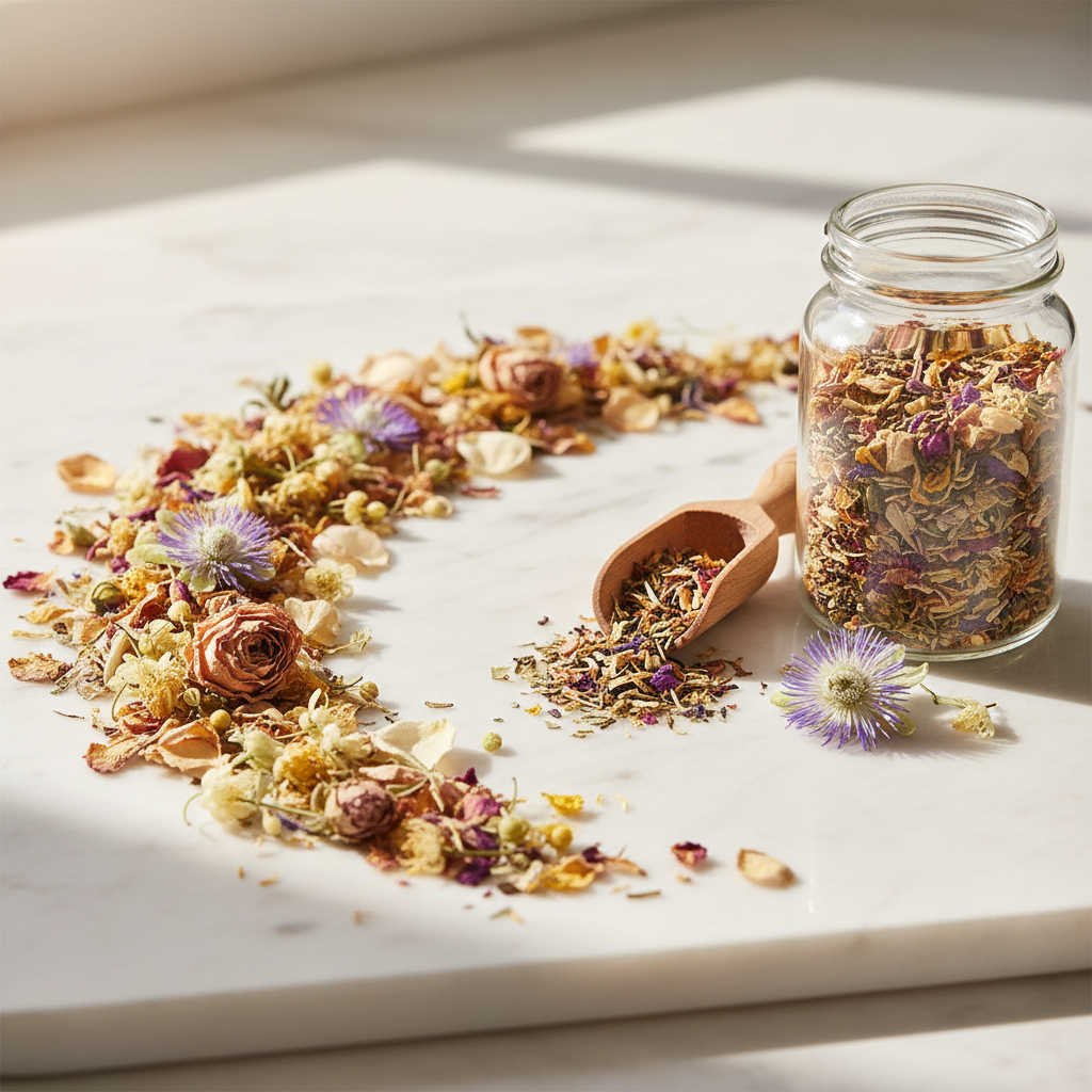 A glass jar filled with dried flower and herb blend sits on a white marble surface, with loose dried botanicals spilled around it and a small wooden scoop holding some of the blend. The scene is styled with natural sunlight and shadows.